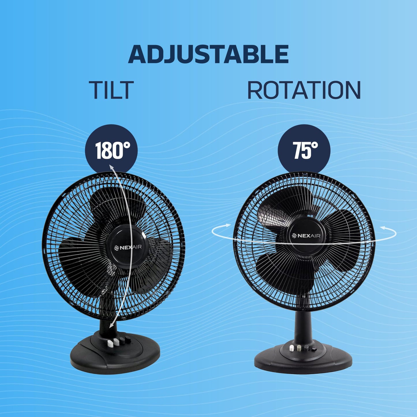 NEXAIR 12 in Oscillating Table Fan 3 Speeds, with 180° Adjustable Tilt and Convenient Push Button Controls, Desk Fan Ideal for Home, Bedroom, Dorm