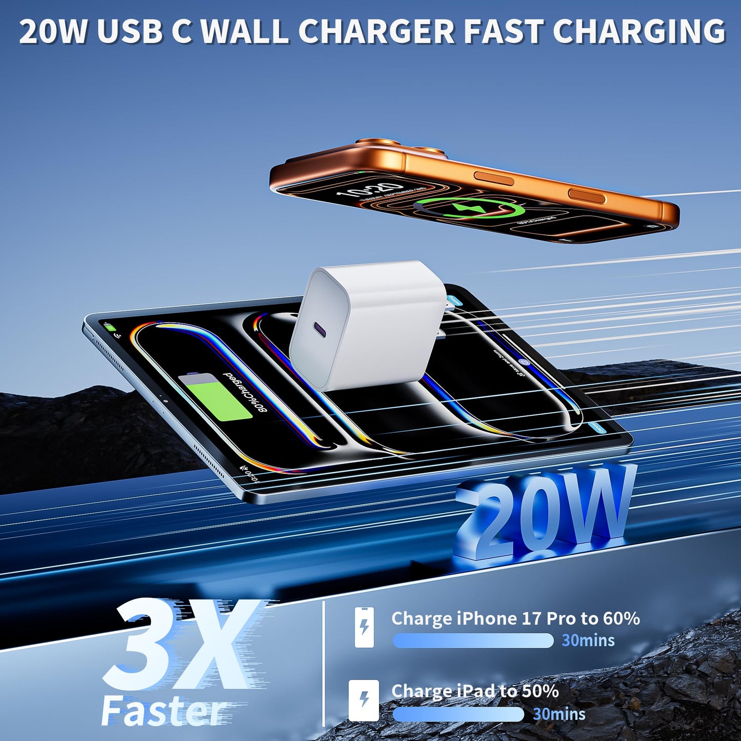 iPhone Charger Fast Charging, Fast iPad Charger 3Pack 20W USB C Wall Charging Block, 3.3FT Type C to C Cable for iPhone 17/17 Pro/17 Pro
