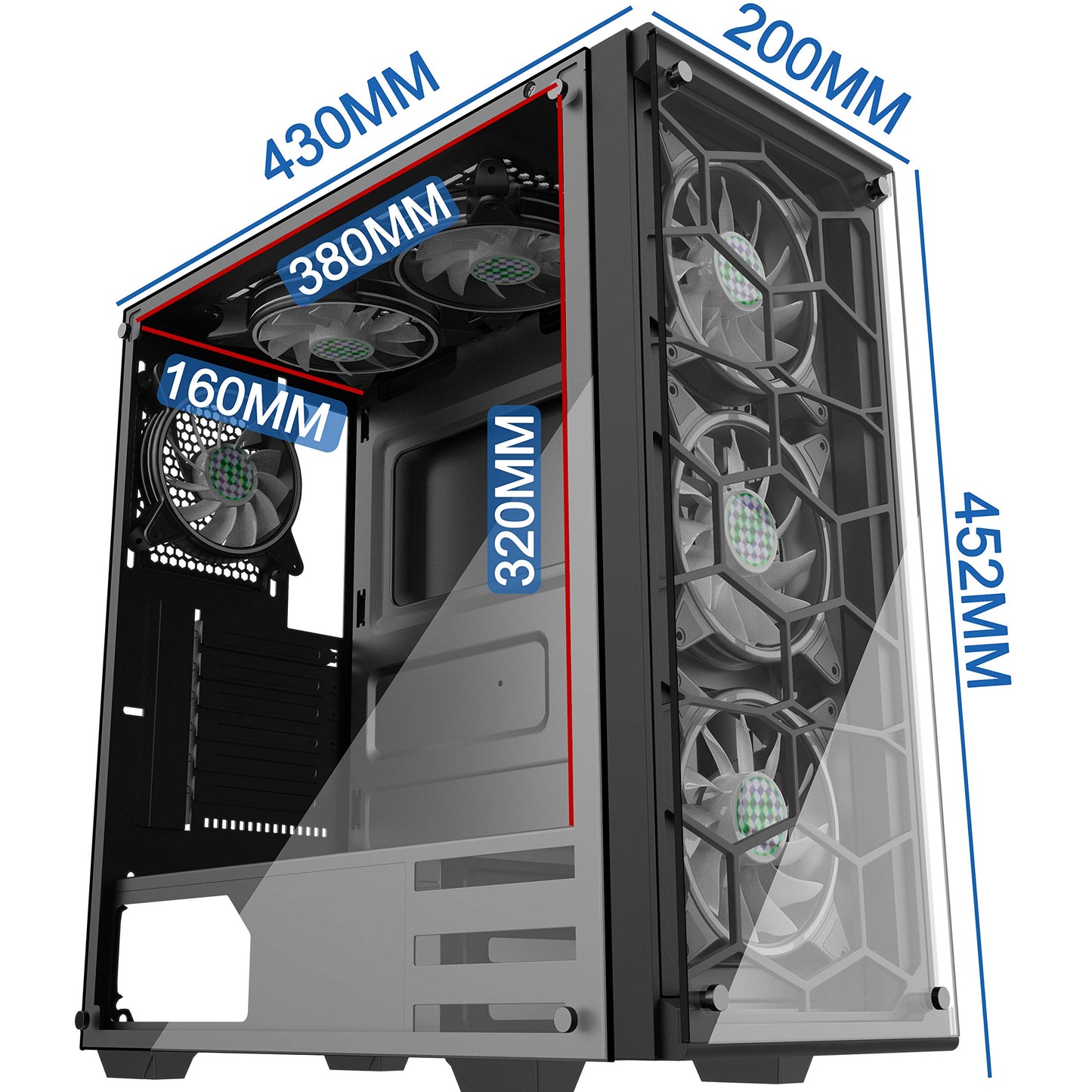 MUSETEX ATX Mid Tower with 6 PCS × 120mm LED ARGB Fans Pre-Installed USB 3.0 Port Tempered Glass Panel Gaming PC Case Computer Chassis (907)