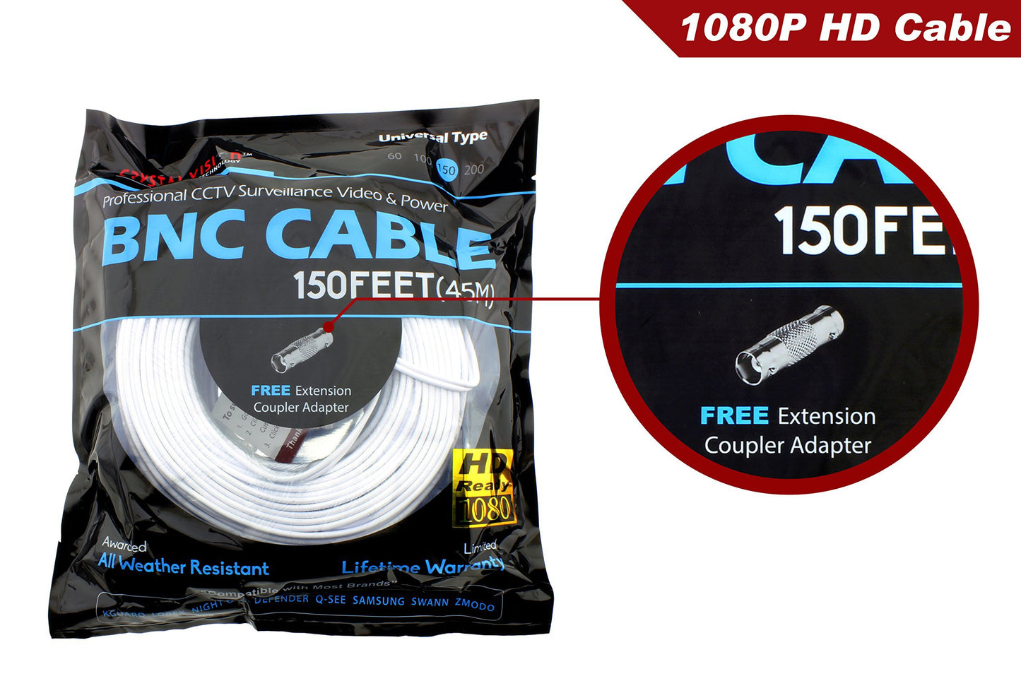 Crystal Vision Premium 1080P HD BNC CCTV Surveillance Security Camera Combo Cable Premade Siamese W/Coupler for Samsung, Lorex, Swann, Q-See