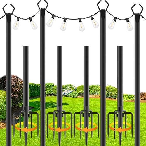 zoegi 4 Pack 10Ft String Light Poles,Light Poles for Outside Lights with Fork,Outdoor Brackets Hanging Lights,Metal Stand for Deck