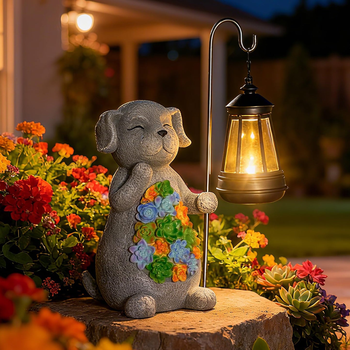 Solar Dog Garden Statue with Lantern - Waterproof Resin Outdoor Decor for Yard, Lawn, Flower Bed, Backyard, Front Yard, Patio, Balcony - Gift for Dog