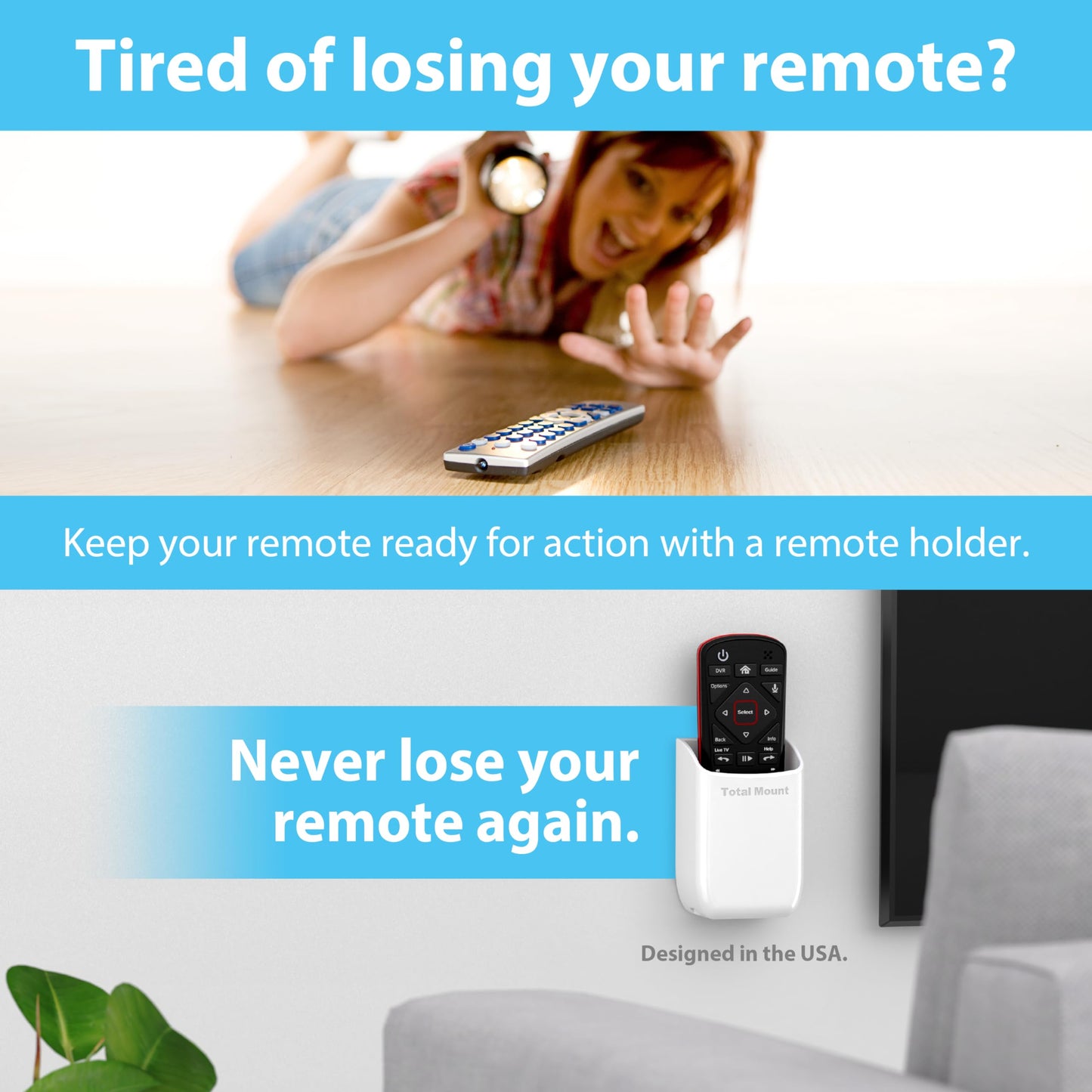 TotalMount Hole-Free Remote Holder - Eliminates Need to Drill Holes in Your Wall (White Remote Control Holder, Quantity 1)