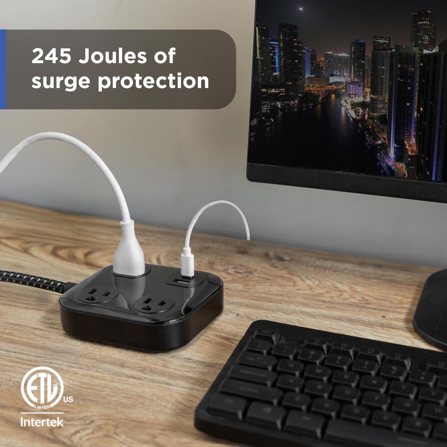 GE UltraPro 3-Outlet Surge Protector with USB, 245 Joules, 1 USB-A & 1 USB-C Port, 4ft Braided Extension Cord, Flat Plug, Adapter-Spaced Outlets, ETL