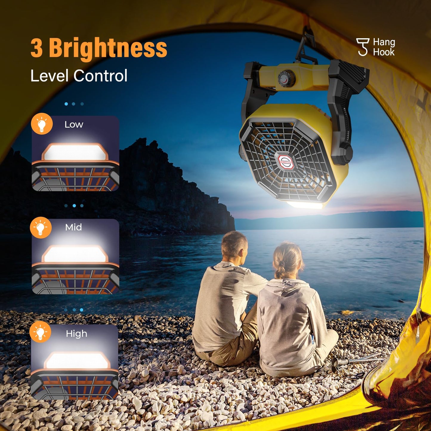 JINLICTE Solar Fan with LED Lantern, Camping Fan with 7W Solar Panel, Rechargeable Solar Powered for Outside, Quiet Battery Operated Tent for Picnic
