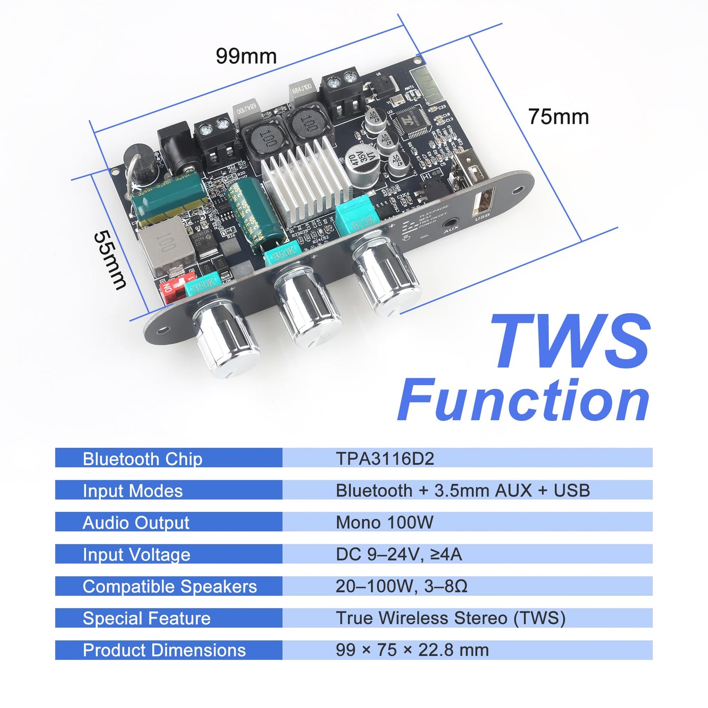 ZK-1001U 100W Mono Amplifier Board with TWS & Bluetooth 5.3, High Power Audio Amp Module for DIY Desktop Speakers & Vehicle, Supports USB/AUX Input