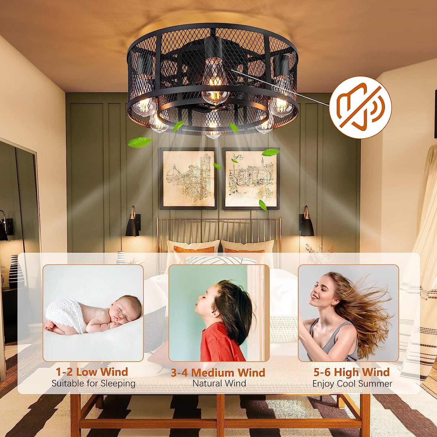 Ohniyou Cage Ceiling Fan with Light - 21'' Farmhouse Flush Mount Ceiling Fan Remote Control, Small Bladeless Caged Ceiling Fan for Kitchen Bedroom