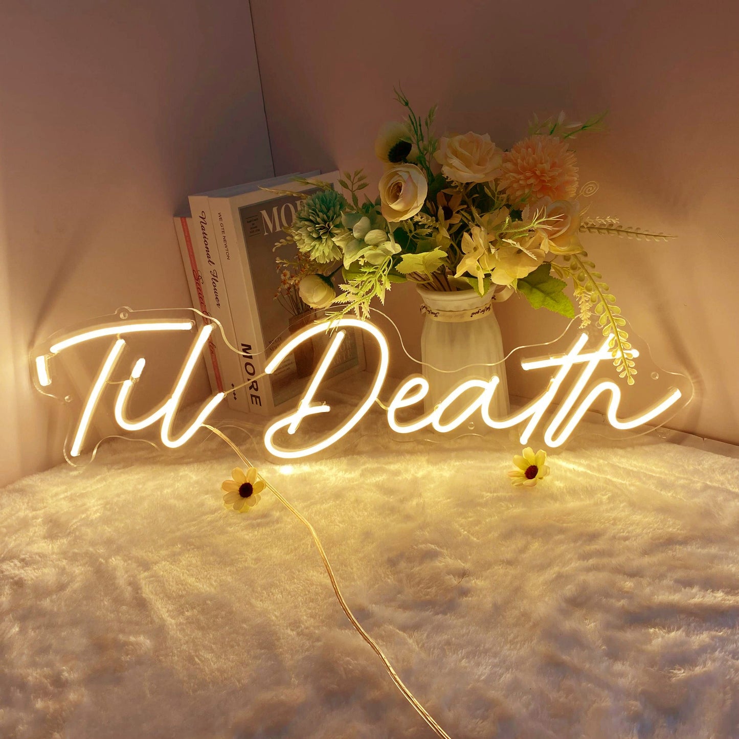 SYLHOME Large LED Neon Light Sign 'Til Death 24"X5.9" 12V Wedding Bridal Shower Neon Birthday Party Art Wall Decor Signs Bar Bedroom Living Room Decor
