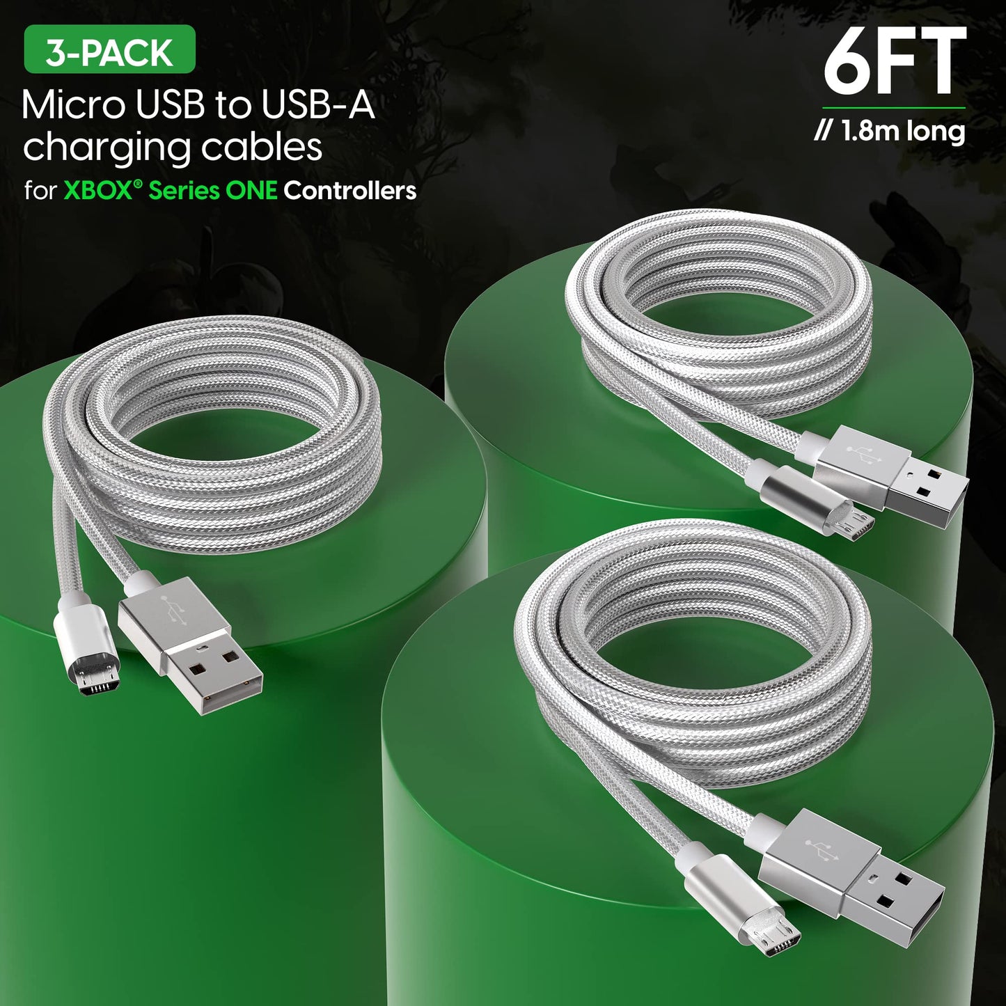 TALK WORKS Charger Cord Compatible with Xbox One Gaming Controllers - 6 ft Nylon Braided Micro USB Charging Cable, Heavy-Duty Fast Charge (Silver