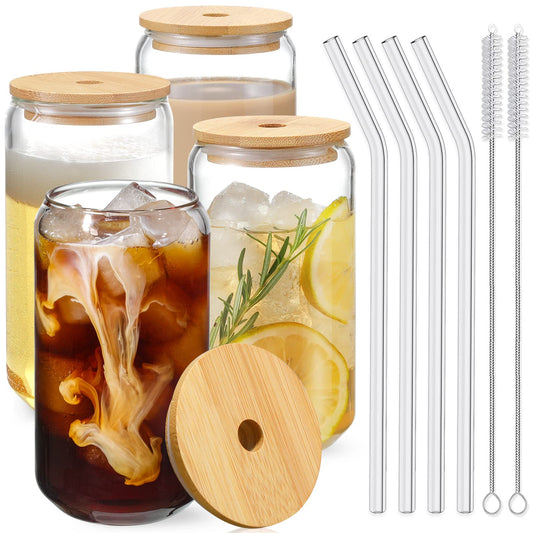 16oz Drinking Glasses Set of 4 with Bamboo Lids & Glass Straws – Iced Coffee, Tea, Beer Cups with 2 Brushes, Aesthetic Gift Idea