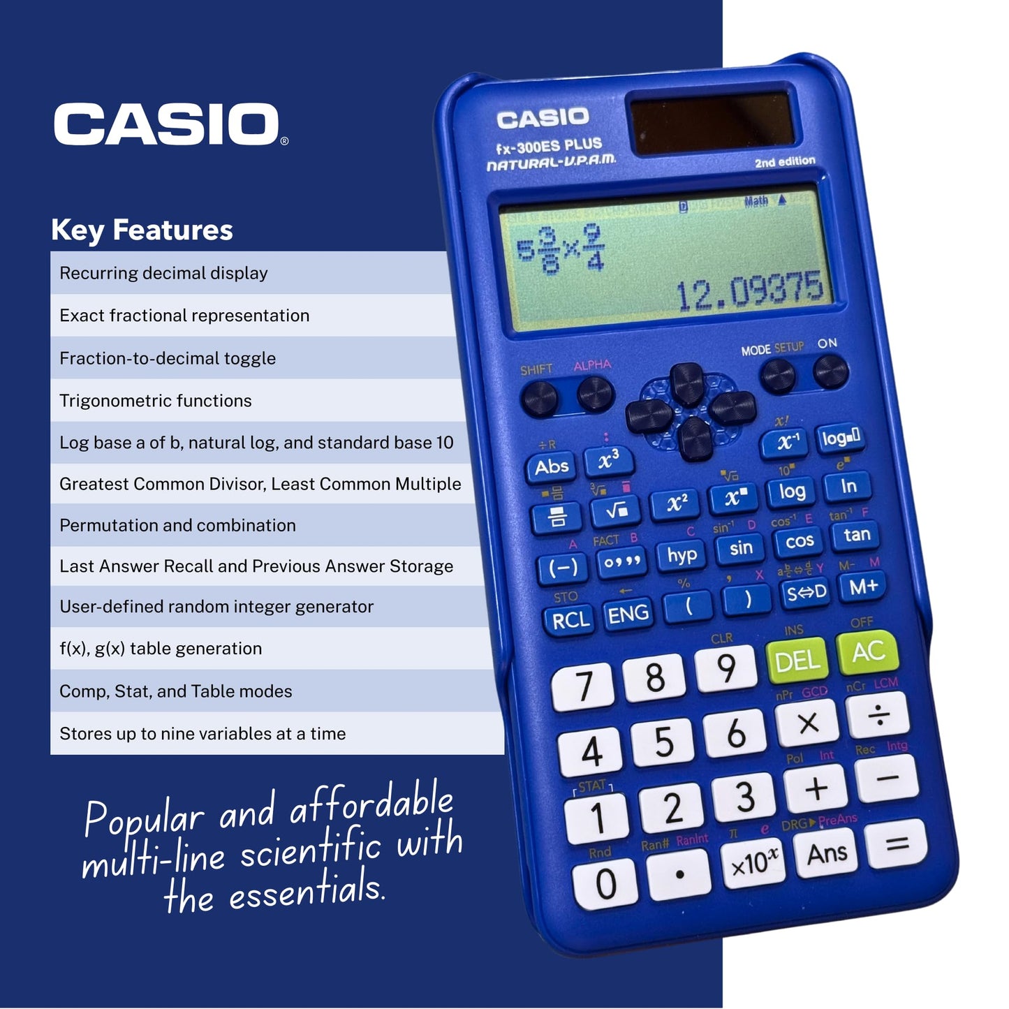 Casio fx-300ES Plus 2nd Edition - Standard Scientific Calculator | 262 Functions, Natural Textbook Display? | Ideal for Middle School, High School