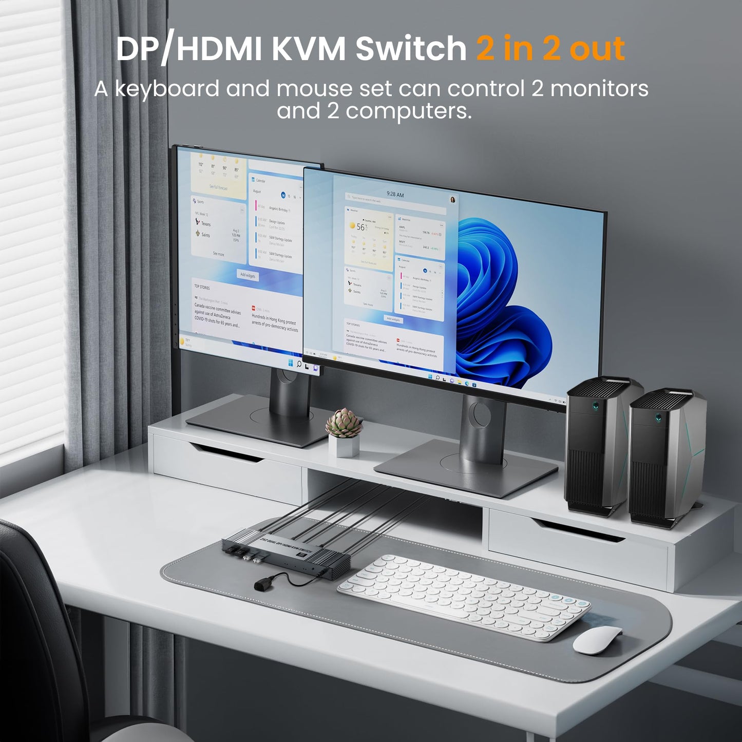 8K@60Hz HDMI+DP KVM Switch with 4-Port USB 3.0 Hub Dual HDMI Monitor KVM Switch for 2 Computers Supports Extended/Copy Mode, Keyboard & Mouse Sharing