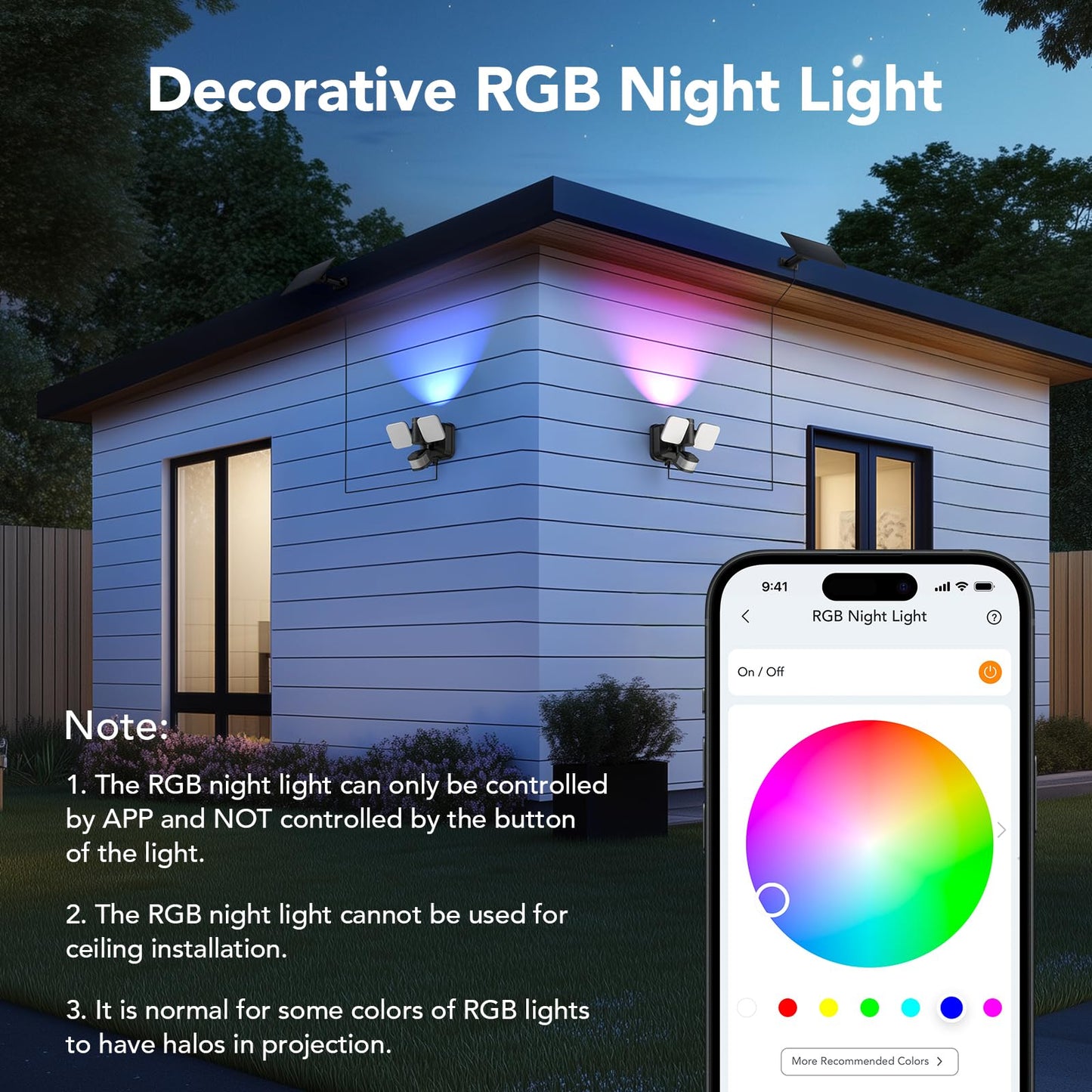 OREiN Wired and Solar Hybrid LED Smart Motion Sensor Light Outdoor Flood Lights with RGB Uplight Bluetooth APP Solar Motion Lights Outdoor Waterproof