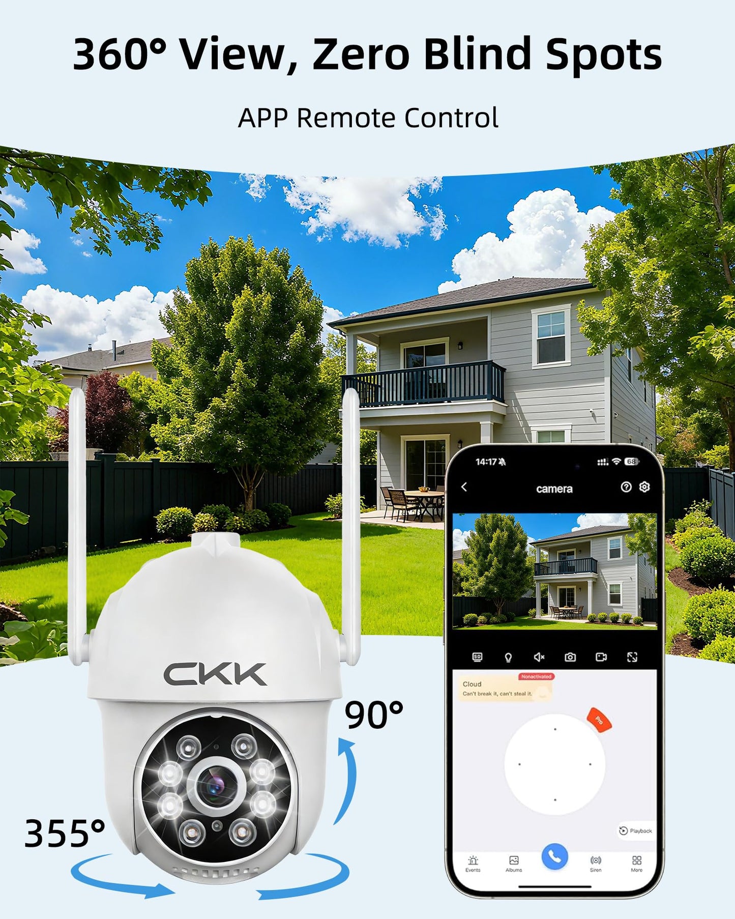 CKK 2K Security Cameras Outdoor 2Pack, 2.4G/5G Wireless Home Security Cameras, 360 PTZ, PIR Motion Detection, Color Night Vision, 2-Way Talk