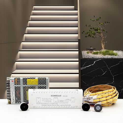 KOMIGAN Intelligent Motion Triggered LED Stair Lighting Kit KMG-3233, 40" Cuttable LED Strip Light for Indoor LED Stair Lights (Cool White 6000K,14