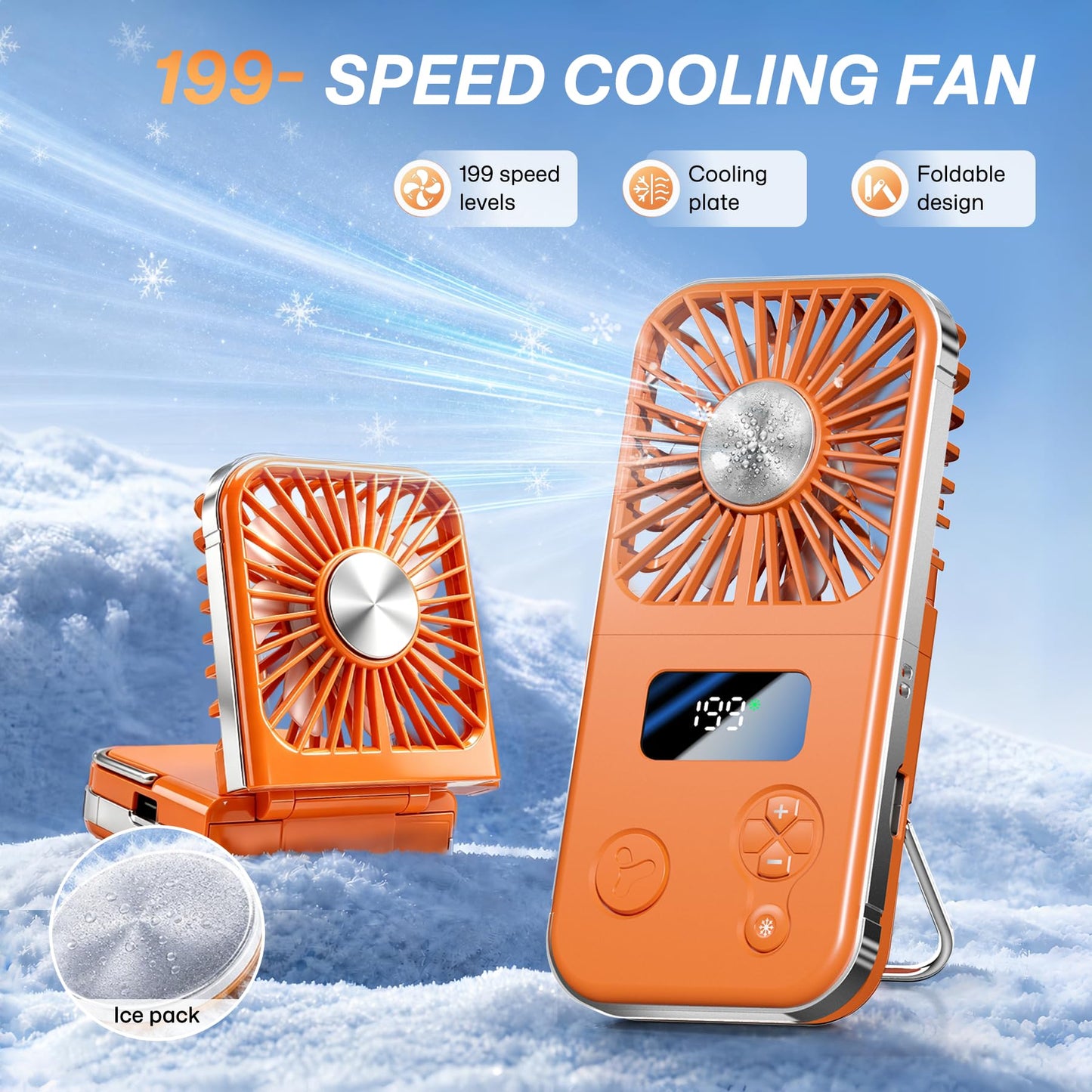 tulilut Portable Fan, Handheld Fan with Ice Cooling Plate, 5 Speeds Mini Personal Cooling Fan, Foldable USB-C Desk Fan with Digital Display & Lanyard