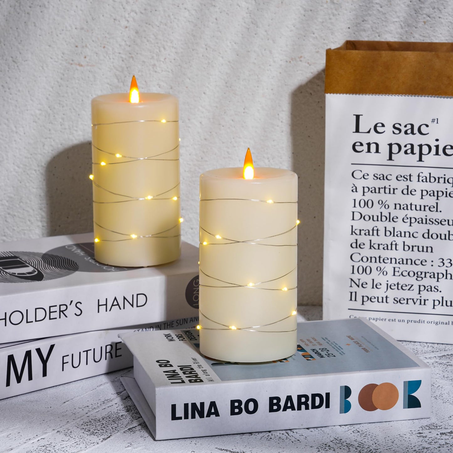 Upinmz Flickering Flameless Candles with String Lights, Battery Operated Candle, LED Candles Unbreakable Acrylic Candles with Remote Control and Timer