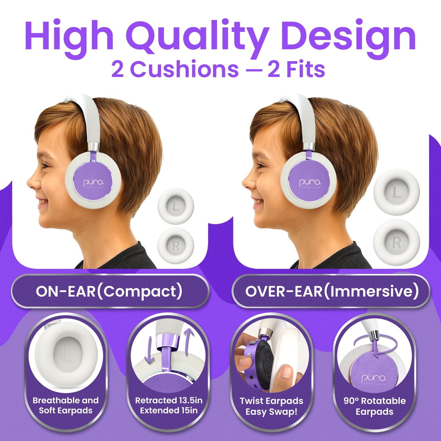 Puro Sound Labs Kids Wireless Headphones - Volume-Limiting 85dB, Built-in Mic, Studio-Grade Sound, 20-Hour Battery Life, Comfortable & Easy…