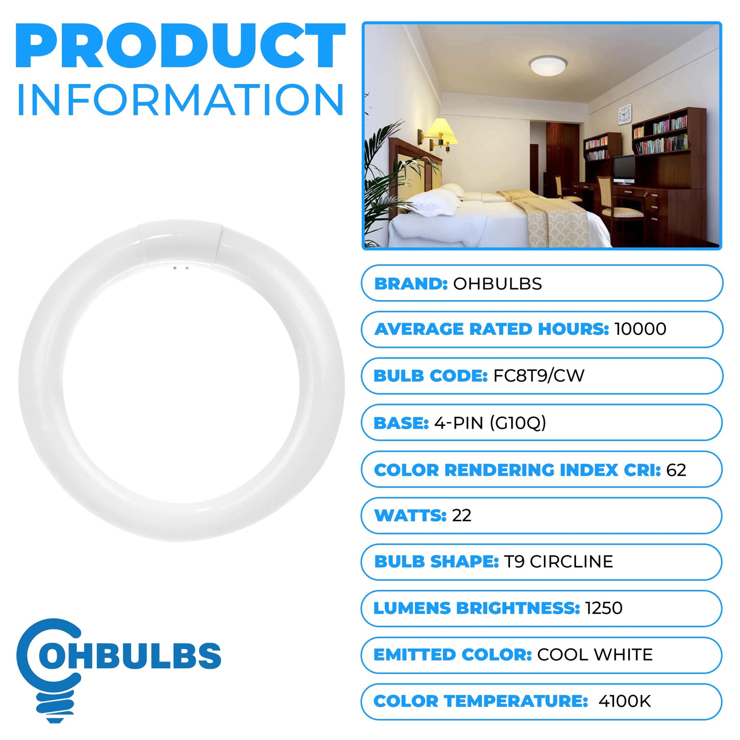 OHBULBS T9 Round Fluorescent Circline Lamp 22 Watts - G10Q 4-Pin Base - Ceiling Light Bulb with 4100K Cool White - 1250 Lumens
