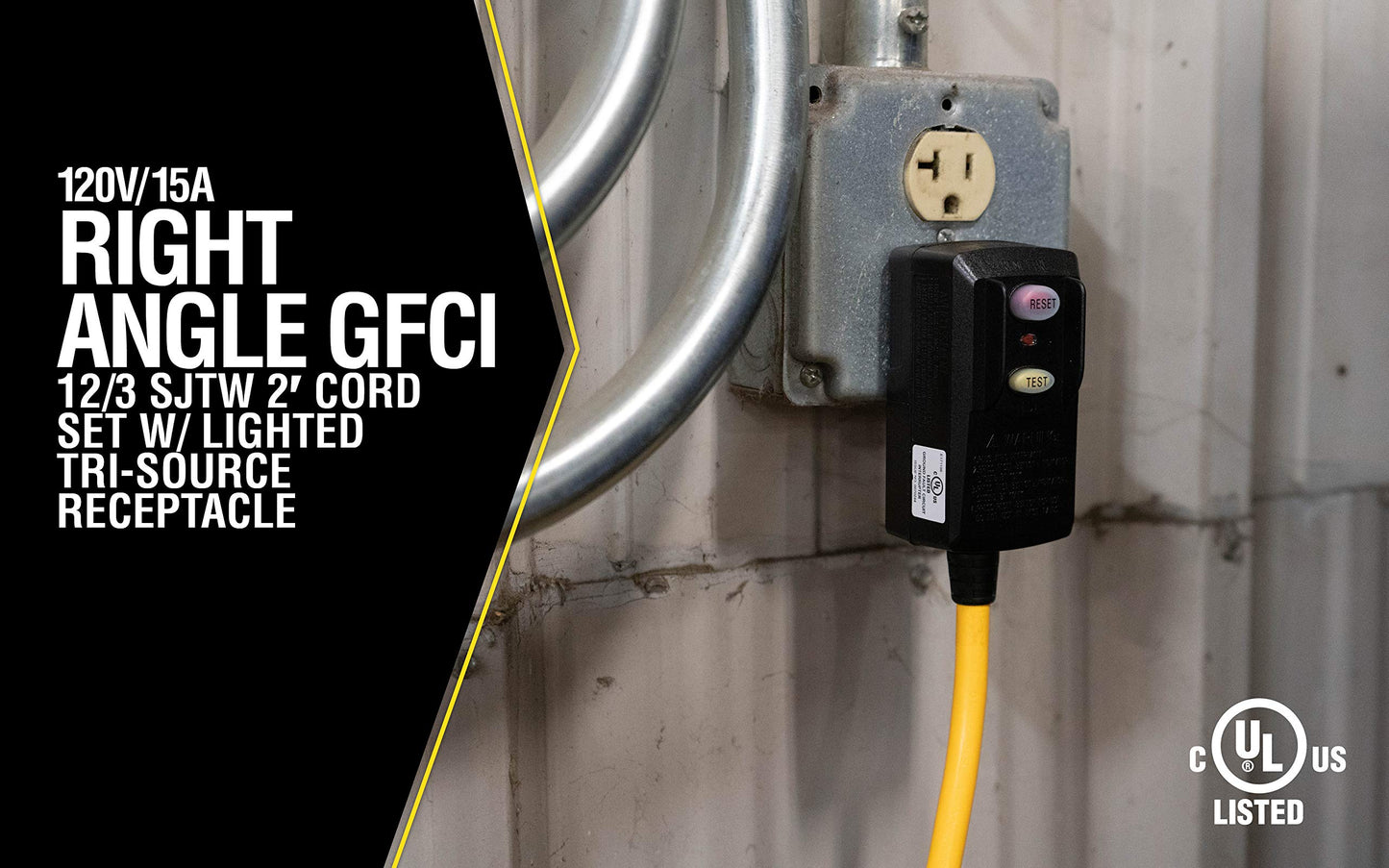Southwire Coleman Power Block with GFCI - 125 V - 15 A - 12/3 AWG SJTW Cord - 3-Outlet Yellow - Right Angle GFCI Block - LED Power Indicator