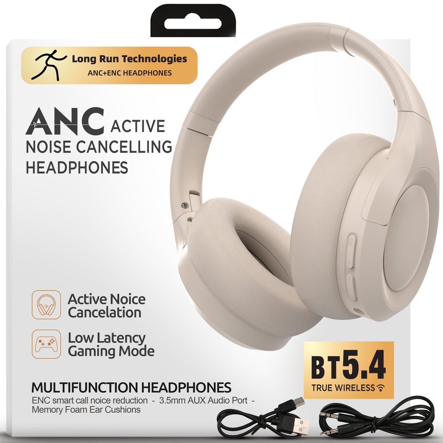 ANC Wireless Bluetooth 5.4 Headset, ENC Built-in Mic for Clear Calls, Hi-res, Foldable, Breathable Over Ear Comfort, Low Latency, Lightweight, 3.5 mm…