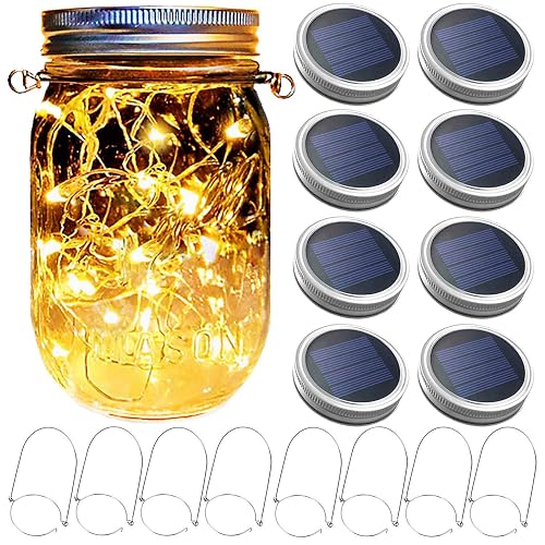 Mason Jar Solar Lantern Lights, 8 Pack 30 LED Bulbs Fairy Star Firefly Solar Lids Jar Lights,8 Hangers Included(No Jars),for Outdoor Home Garden Patio