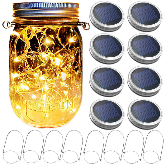 Mason Jar Solar Lantern Lights, 8 Pack 30 LED Bulbs Fairy Star Firefly Solar Lids Jar Lights,8 Hangers Included(No Jars),for Outdoor Home Garden Patio