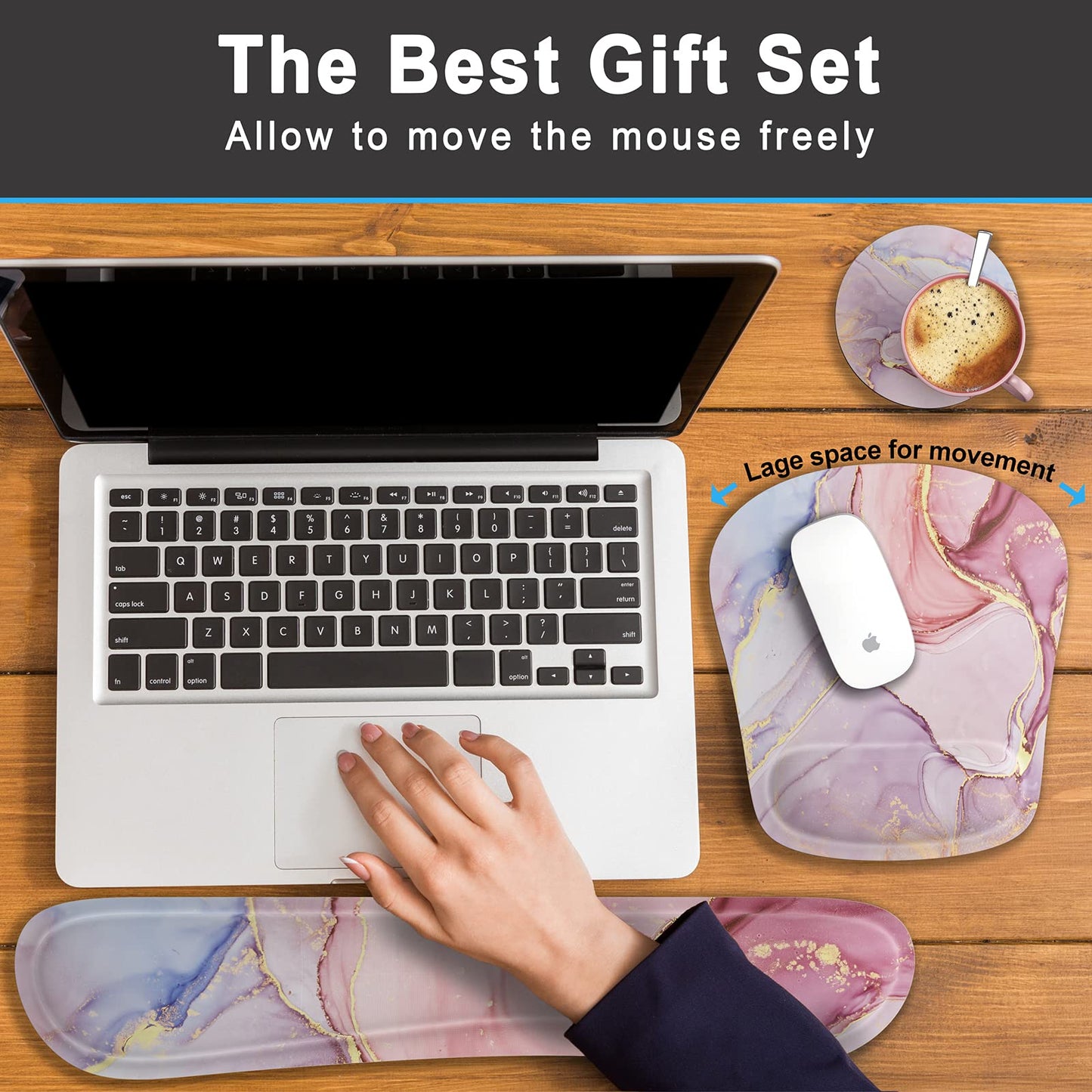Keyboard Wrist Rest Memory Foam Ergonomic Mouse Pad with Computer Wrist Support Set with Non-Slip Rubber Base Coaster for Home, Office Easy Typing