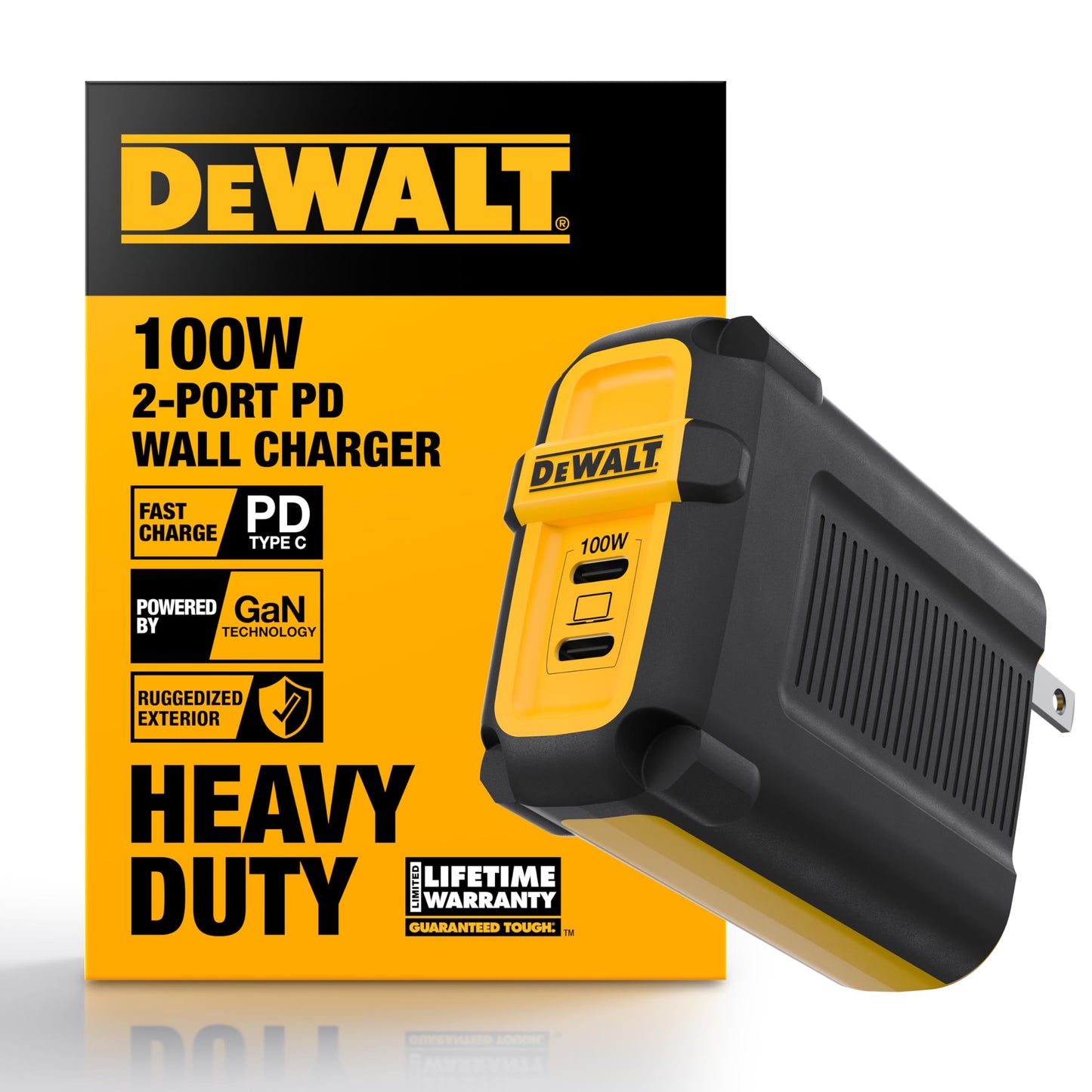 DEWALT Heavy Duty 100W USB C Charger Block(GaN), 2 Port 100 Watt Fast Compact Wall Charger for MacBook Pro, MacBook Air, Google Pixelbook, ThinkPad