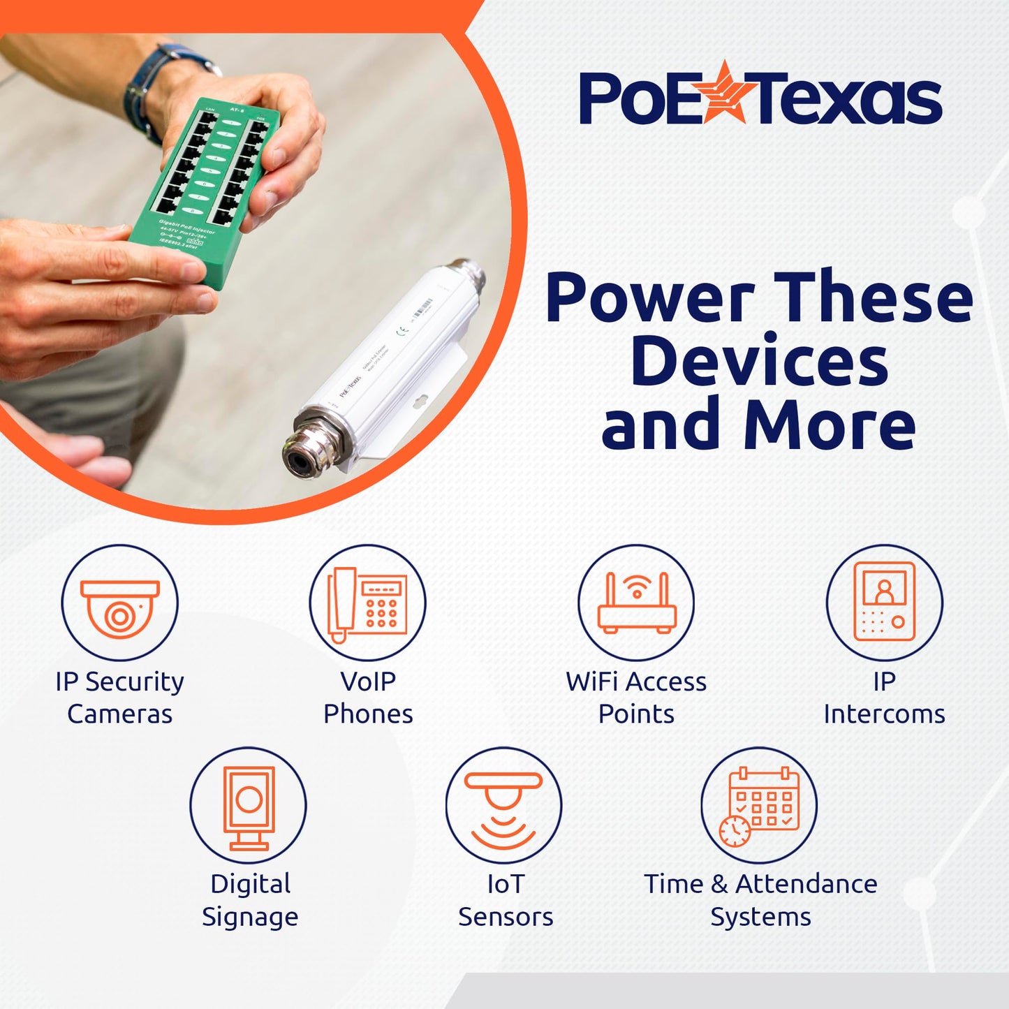 PoE Texas 8 Port PoE/PoE+ Active Mode A Injector with 48V 60W Power Supply - Add PoE+ to Any Switch or Router - 802.3at/af Compliant PoE Midspan