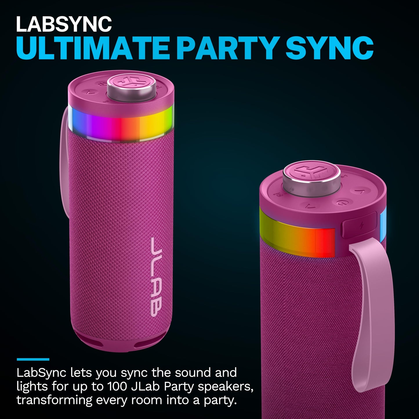 JLab Go Party Portable Bluetooth Speaker, Mulberry, 10 Watts of Power, 16+ Hours of Playtime, IP56 Waterproofing, Customizable RGB LED Lighting, Lab
