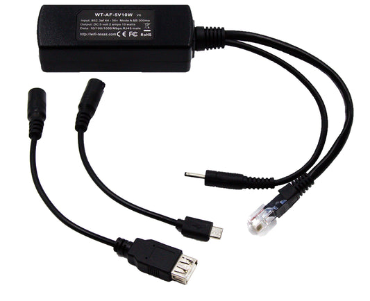 PoE Texas GAF-USB | 802.3af PoE Splitter Compatible with iPads and Tablets with 5 Volt 10 Watt Output - Includes USB-A and Micro-USB adapters