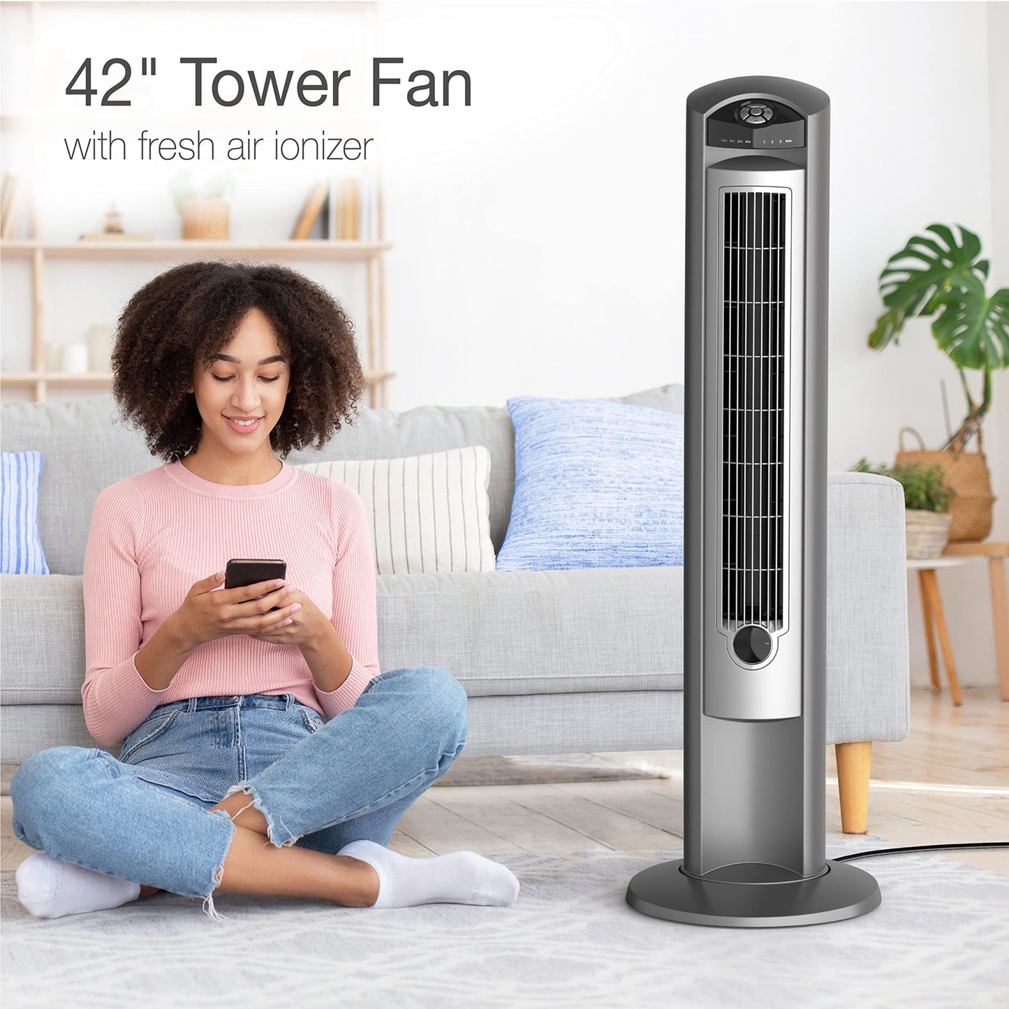 BATHINDIAN Wind Curve Tower Fan with Lonizer and Remote, with on-Board Storage Location, Auto Shut-Off Timer, Multi-Function Remote Control, Suitable