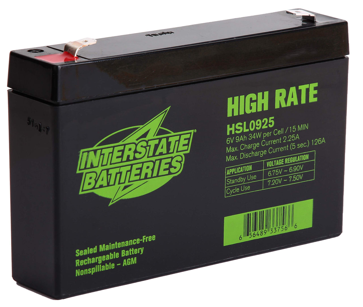 Interstate Batteries 6V 9Ah High Rate Battery (F2 Terminal) SLA AGM VRLA Rechargeable Replacement for UPS Backup Power, Cranking Systems, Lighting…