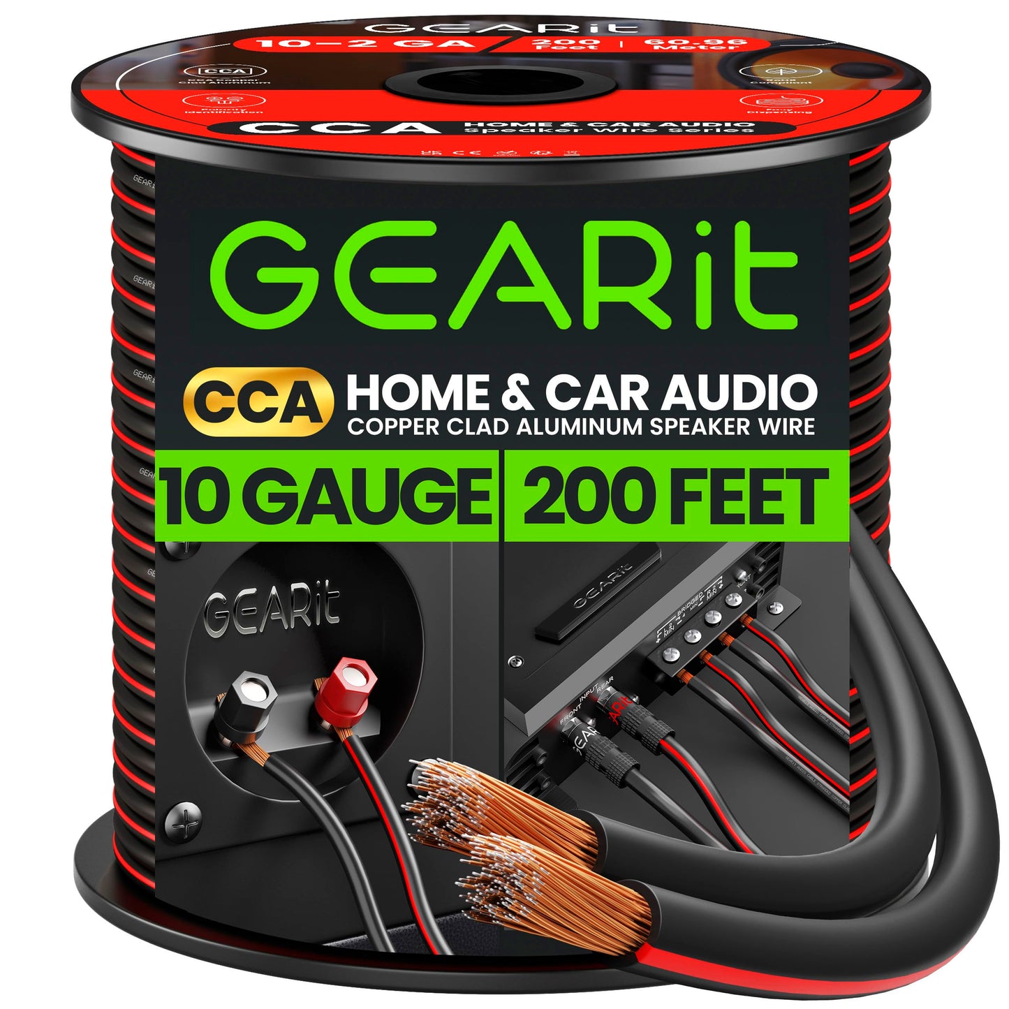 GEARit 10 Gauge Speaker Wire, Speaker Cable 200ft for Car Audio, Home Theater, CCA(Black)
