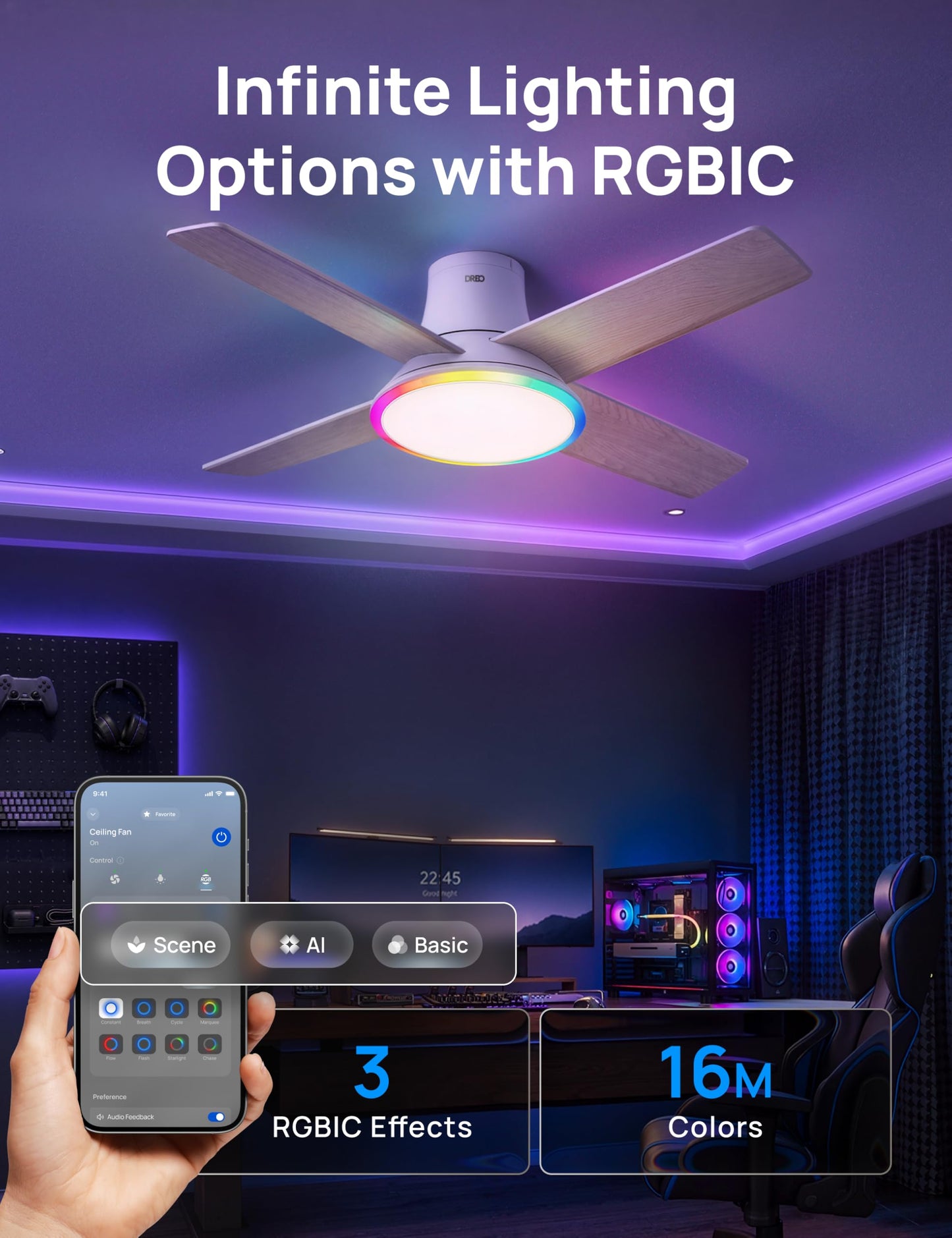 DREO Ceiling Fans with Lights 44'', RGBIC Flush Mount Smart Ceiling Fan
