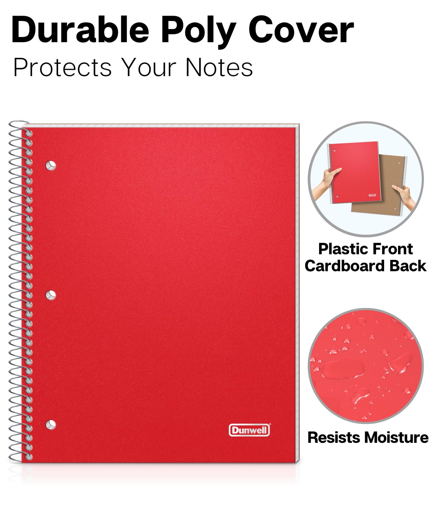 Dunwell Graph Paper Notebook 8.5 x 11 (Red) Plastic Cover, 100 Sheets (200 Pages), 4x4 Squares, 1 Subject Graph Paper Spiral Notebook, 1/4" Grid