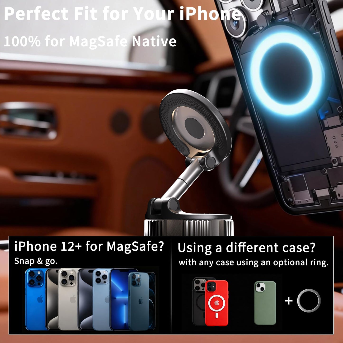 RayLink for MagSafe 360° Adjustable Car Phone Holder, [120LB Suction Cup & 2800gf Force] for Magnetic Phone, One-Hand Release Mount for iPhone