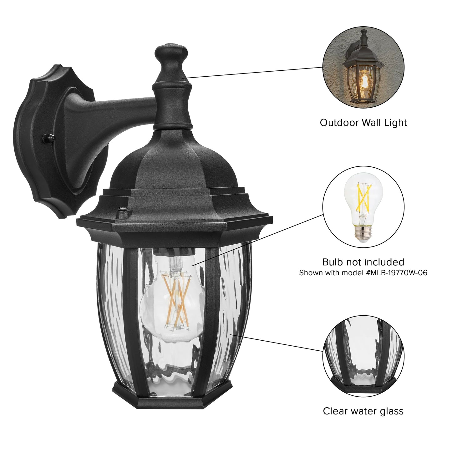 Maxxima Outdoor Wall Light Metal Frame with Clear Water Glass, E26 Socket