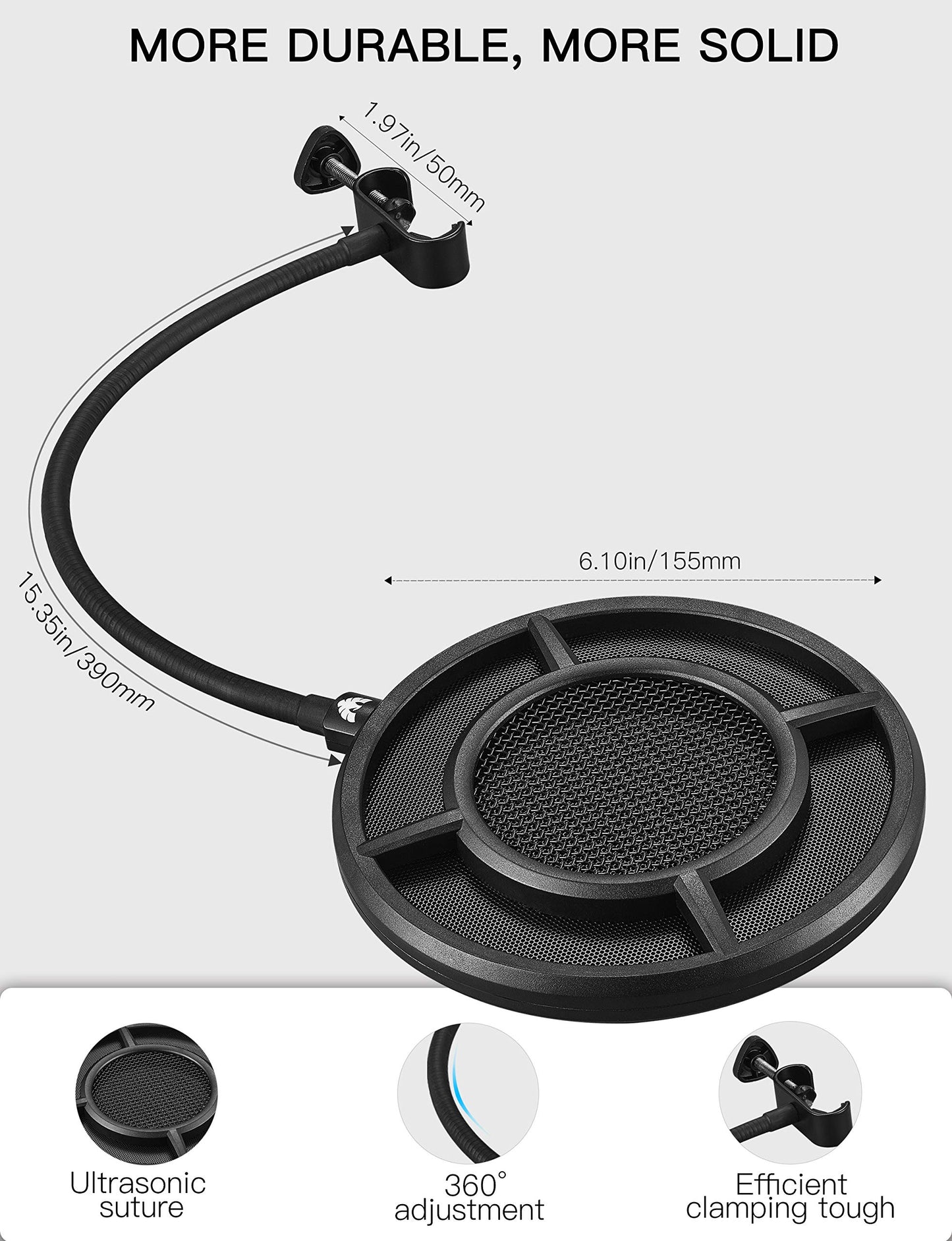 Mic Pop Filter, Professional Metallic Mic Pop Filter Mesh for Blue Yeti and Any Other Mic, ARISEN Dual Layered Microphone Pop Filter, Mic Filter with
