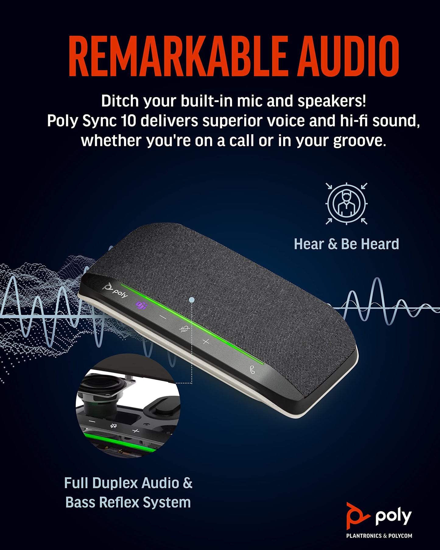 Poly Sync 10 USB Speakerphone (Plantronics) - Two-In-One Portable Speaker for Audio/Video Conference Calls & Music - USB Powered - Dual-Mic