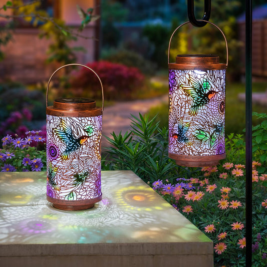 2Pack Solar Lanterns Outdoor Waterproof Hummingbird Garden Gifts for Mom, Multicolor Solar Lights Lantern for Backyard Garden, Pathway, Outside