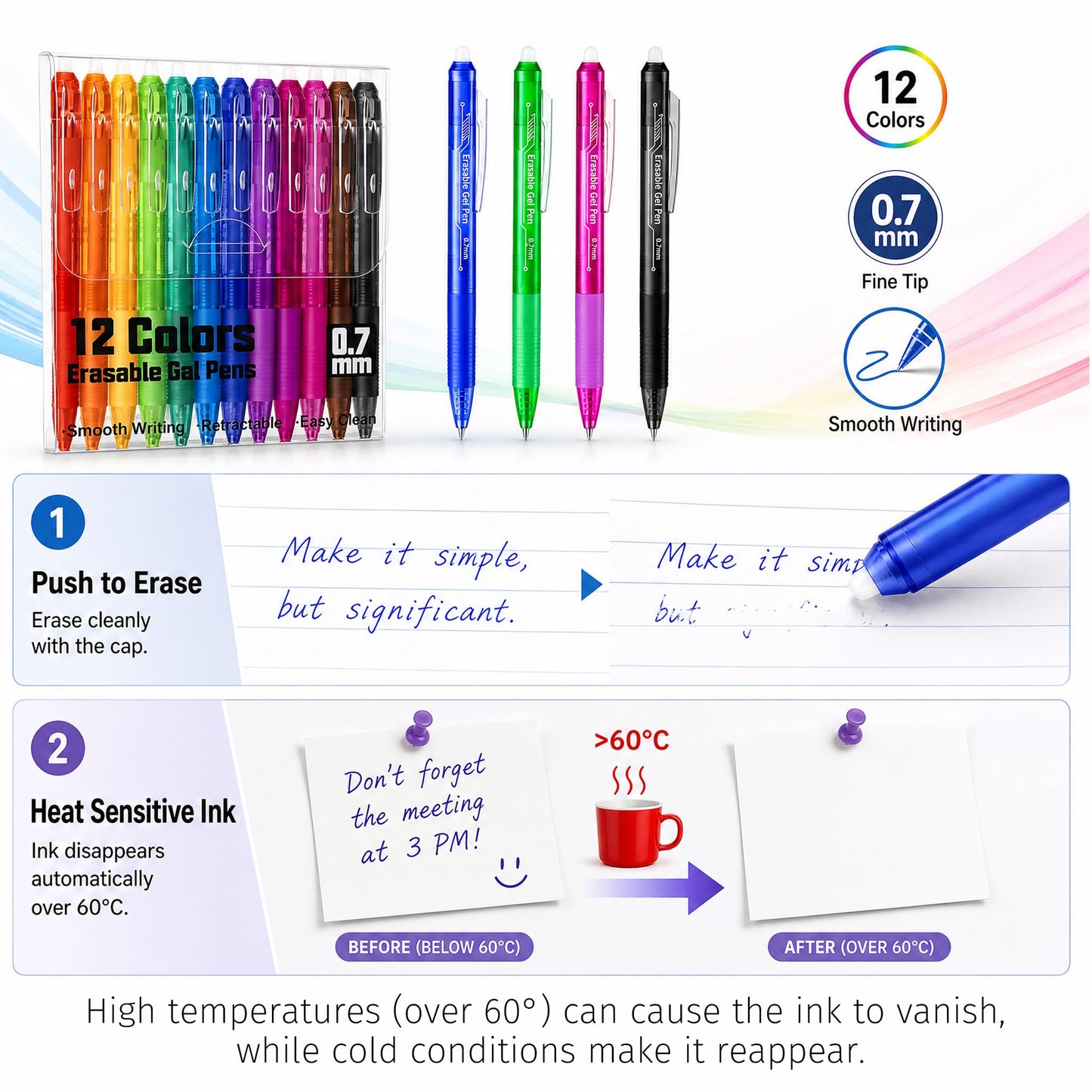 sunacme Erasable Gel Pens, Retractable Erasable Gel Pen Clicker Fine Point 0.7 mm, Smooth Ink for Completing Sudoku and Crossword Puzzles(8 Black/4