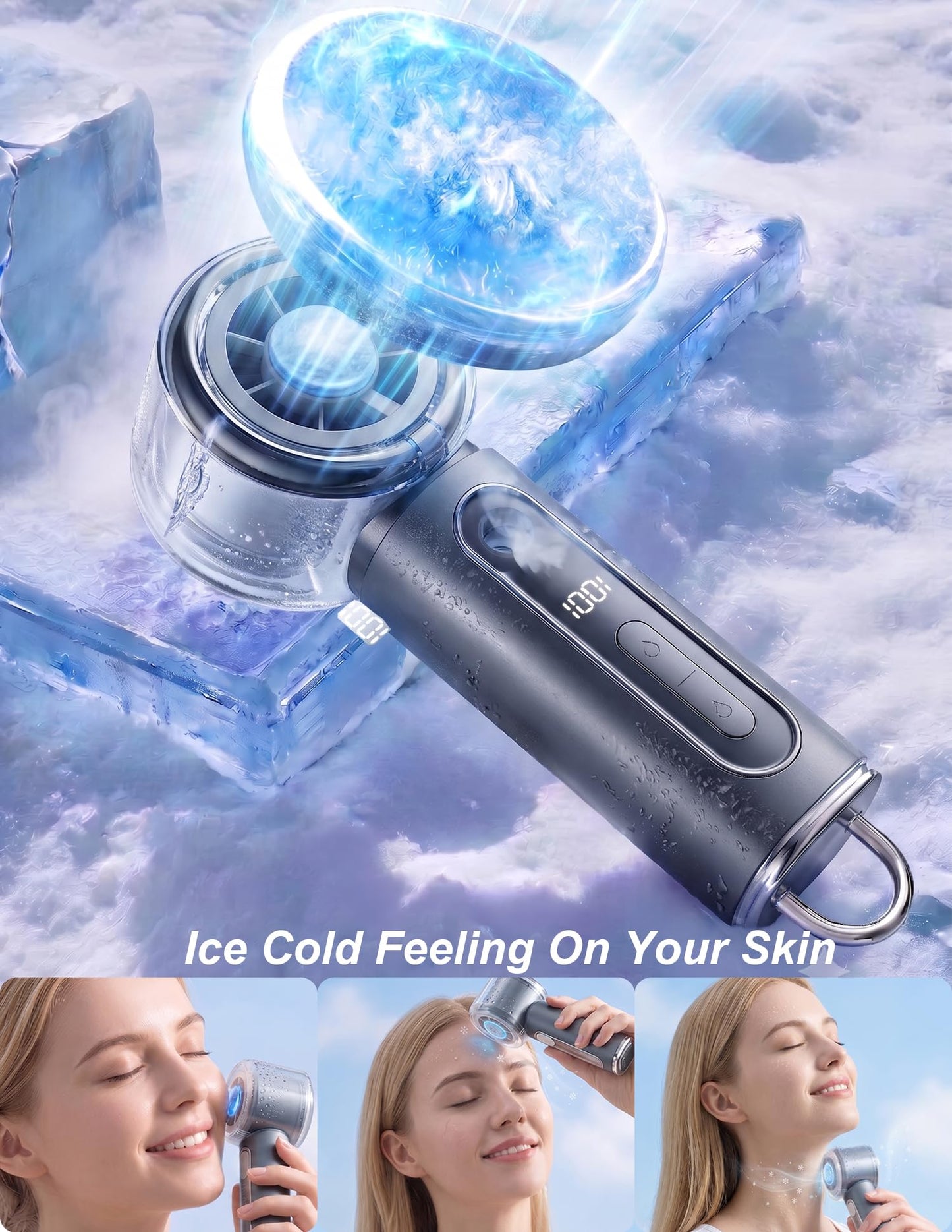 Portable Handheld Misting Fan with Ice Cooling Plate, Personal Mini Hand Held Mister Fan Water Spray, Desk Turbo Fans Rechargeable 17000RPM Blow Cold