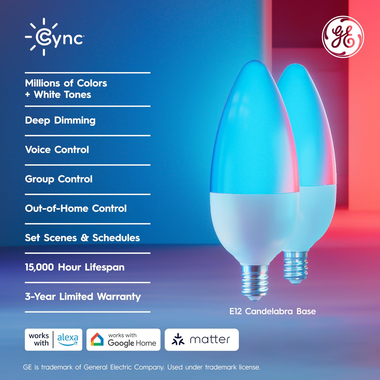 Cync GE Color Changing Smart Candelabra LED Bulbs, WiFi, 3 Pack
