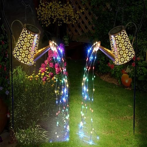 WDLFCGC 2 Pack Solar Watering Can Lights with Shepherd Hook, 8 Multi-Color Changing Modes, IP65 Waterproof, 60pcs String Lights for Outdoor Garden
