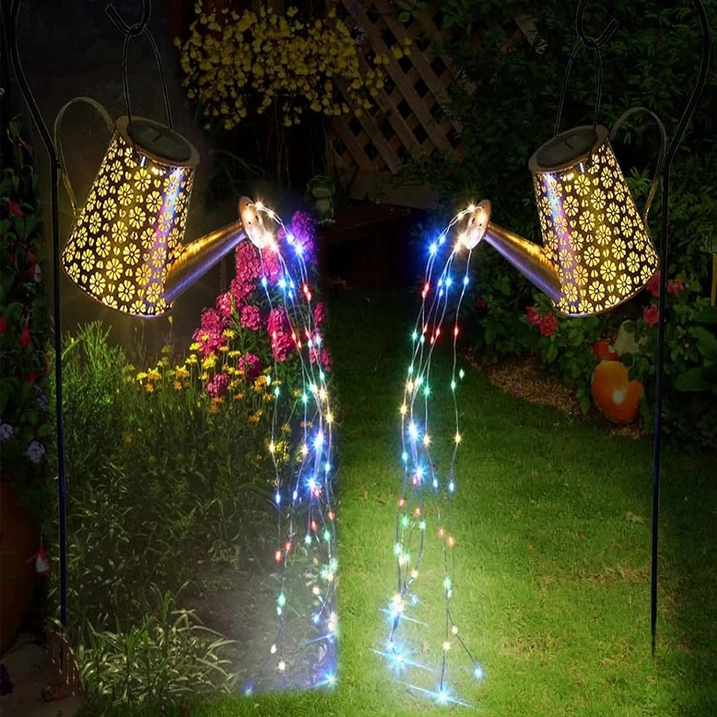 WDLFCGC 2 Pack Solar Watering Can Lights with Shepherd Hook, 8 Multi-Color Changing Modes, IP65 Waterproof, 60pcs String Lights for Outdoor Garden