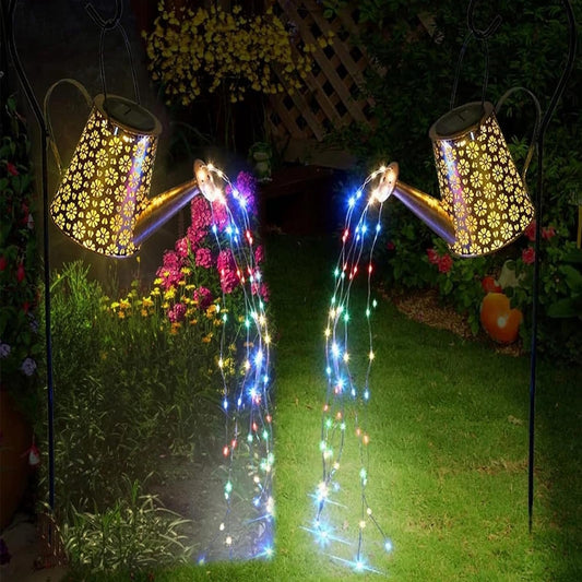 WDLFCGC 2 Pack Solar Watering Can Lights with Shepherd Hook, 8 Multi-Color Changing Modes, IP65 Waterproof, 60pcs String Lights for Outdoor Garden