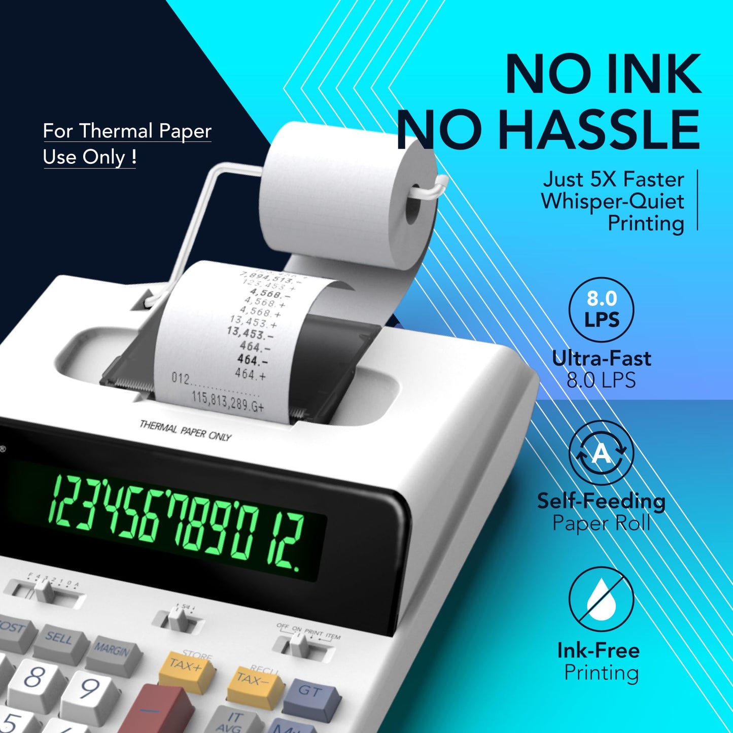 CATIGA 12 Digit Thermal Printing Calculator with Tape Print Out, Ink-Free Adding Machine, 5X Faster Quite at 8.0 LPS, Extra Large Fluorescent Display