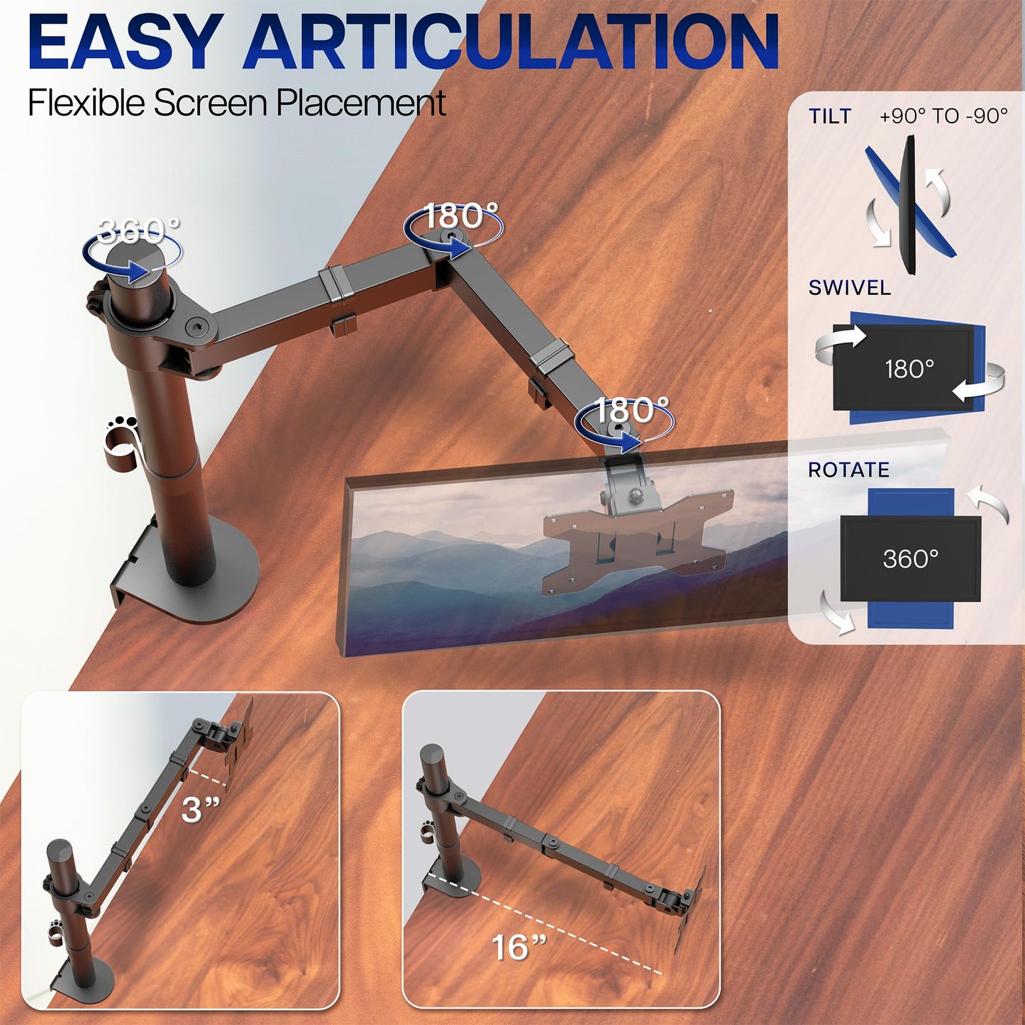 VIVO Single 13 to 38 inch Ultrawide Monitor Arm Desk Mount, Regular Screens up to 32 inches, 22 lbs capacity, Fully Adjustable Stand with C-Clamp